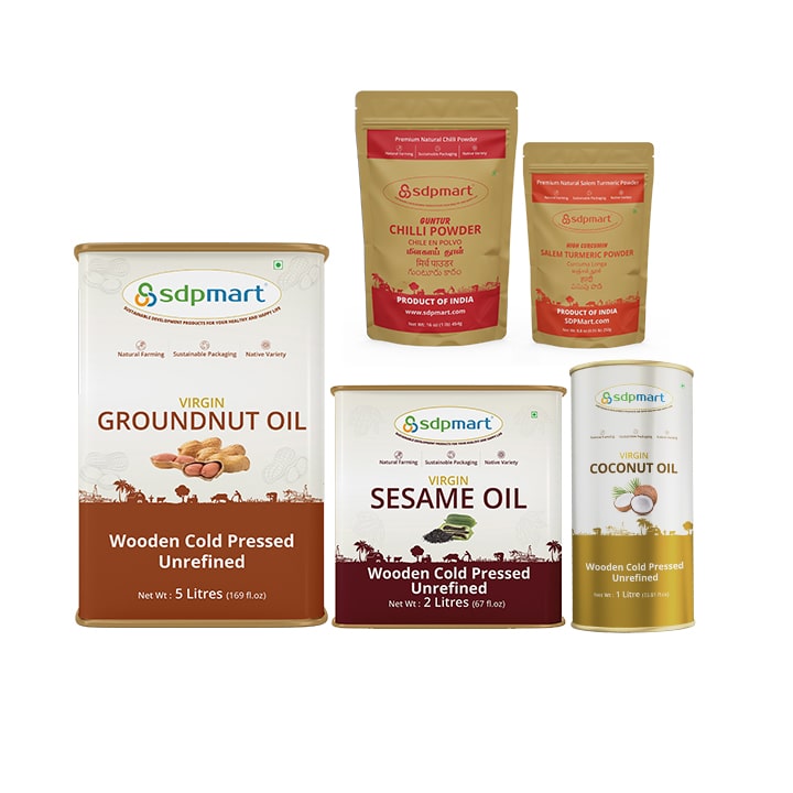 COMBO 06 - SDPMart Premium Virgin Groundnut Oil 5 Liter & Sesame Oil 2 Liter & CoconutOil 1 Liter, Chill Powder 1 Lb, Turmeric Powder 250 Gms - SDPMart