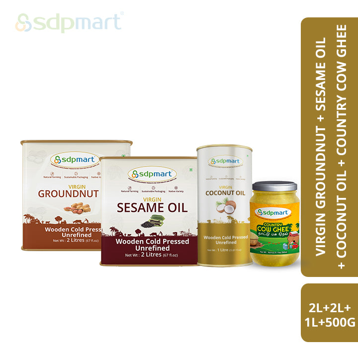 COMBO 05 - SDPMart Premium Virgin Sesame Oil 2 Liter  & Groundnut Oil 2 Liter & CoconutOil 1 Liter & Ghee 500 ml - SDPMart
